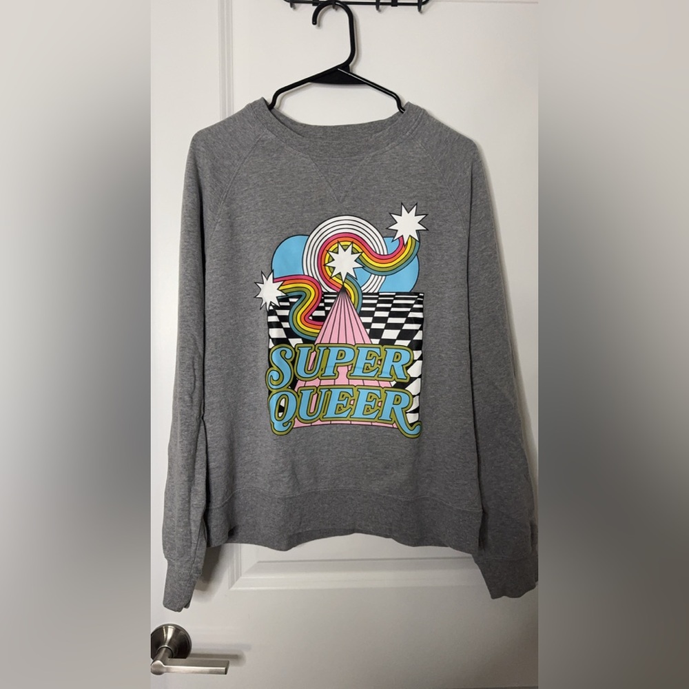 Pride LGBTQ Super Queer Grey Long Sleeve Sweatshirt size medium